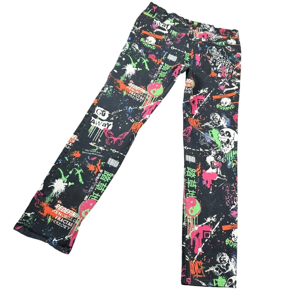 Vitriol Graffiti Print Mens 32 Black Neon Skull Straight Leg Streetwear Pants